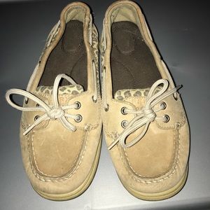 Beige and leopard print slip on shoe.